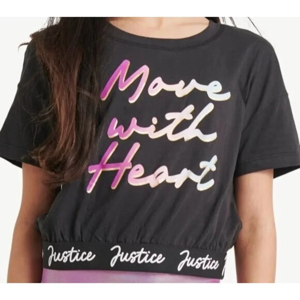 JUSTICE Dance Gymnastics Crop Move With Heart Black Shirt GIRLS SIZE XS 5-6 NEW